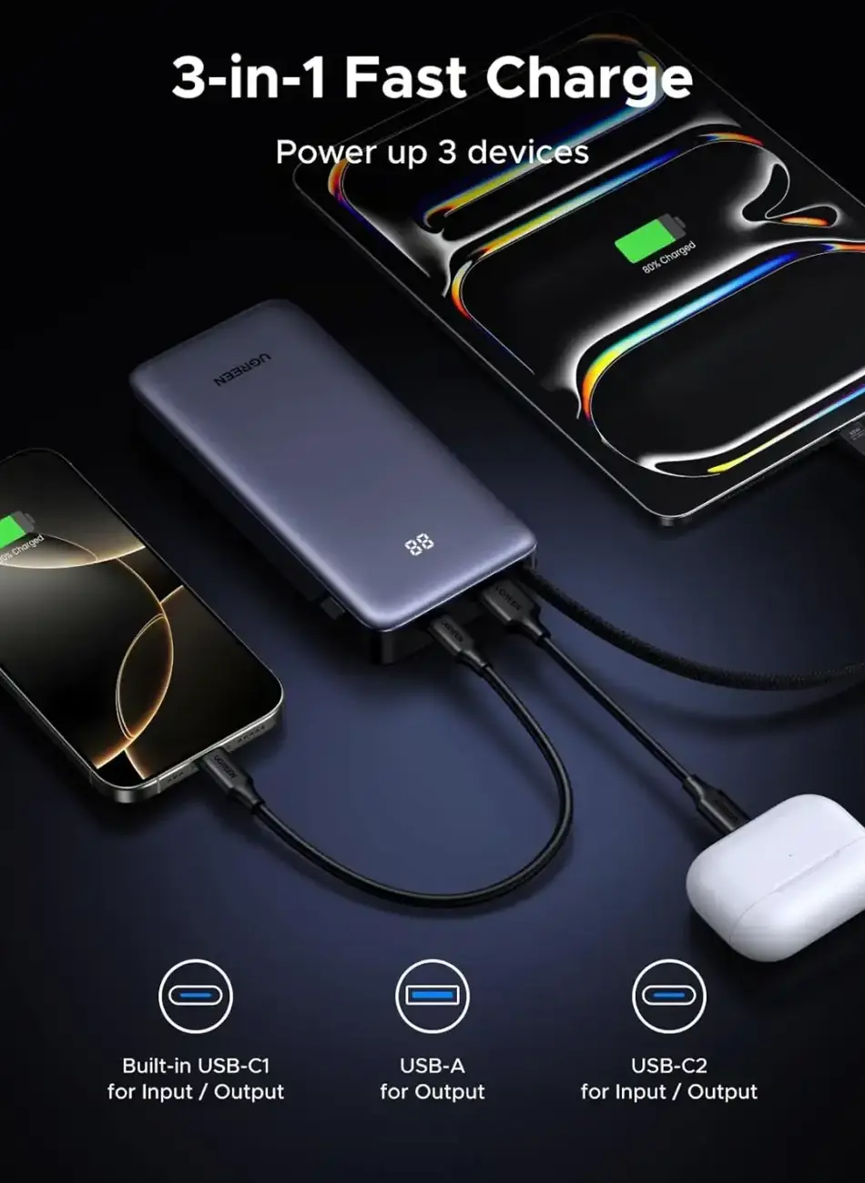 UGREEN Nexode PB536 20000mAh 45W Power Bank with Built-in Cable