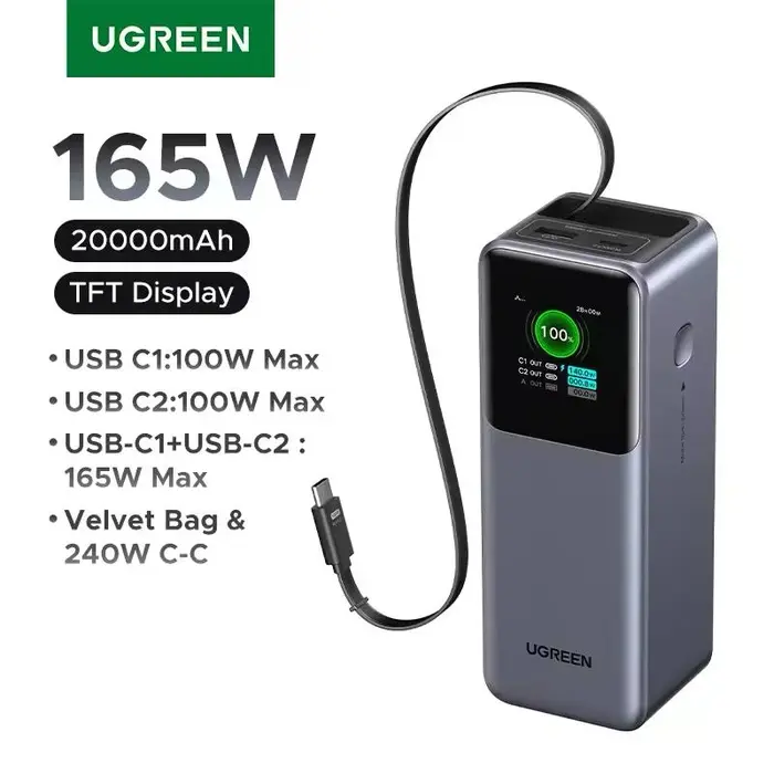 UGREEN Nexode 165W 20000mAh Power Bank with Built-in USB C Cable