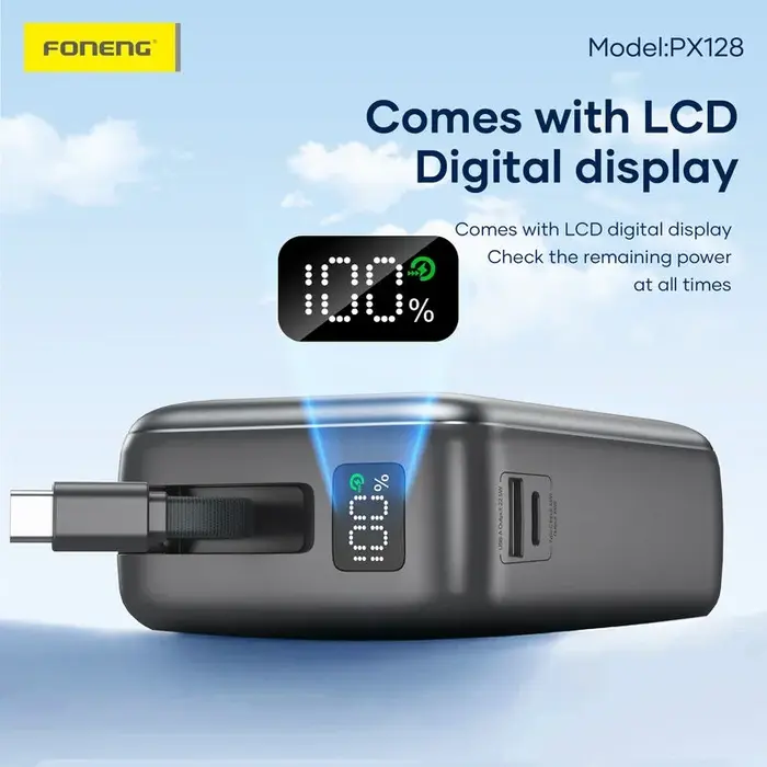 Foneng PX128 30000mAh 65W Fast Charging Power Bank with Integrated USB-C Cable