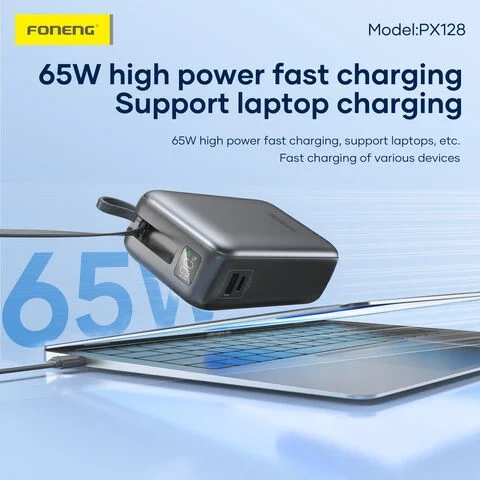 Foneng PX128 30000mAh 65W Fast Charging Power Bank with Integrated USB-C Cable