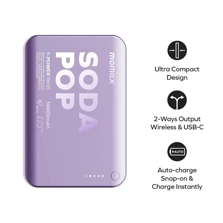 Momax 1-Power Pass 10000mAh Magnetic Wireless Power Bank (Soda Pop)