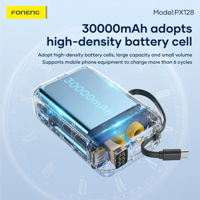 Foneng PX128 30000mAh 65W Fast Charging Power Bank with Integrated USB-C Cable
