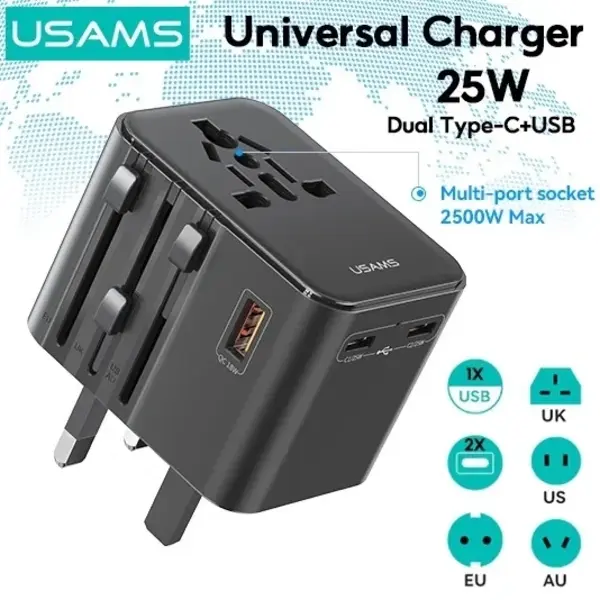Usams CC309 25W Dual C + USB Universal Adapter