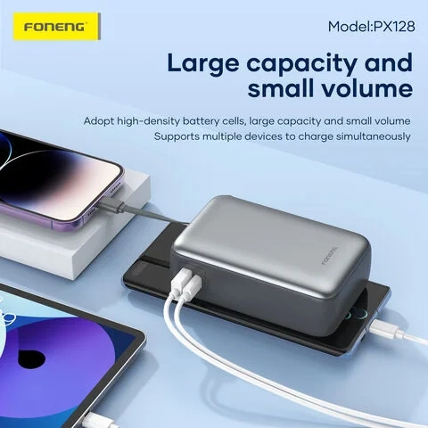 Foneng PX128 30000mAh 65W Fast Charging Power Bank with Integrated USB-C Cable